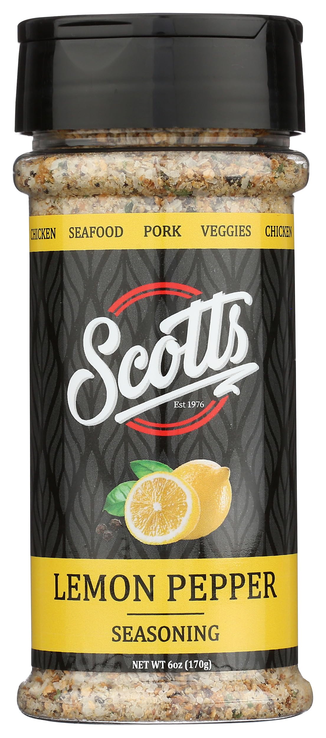 SCOTTS FOOD PRODUCTS front label of lemon pepper seasoning showing brand and size
