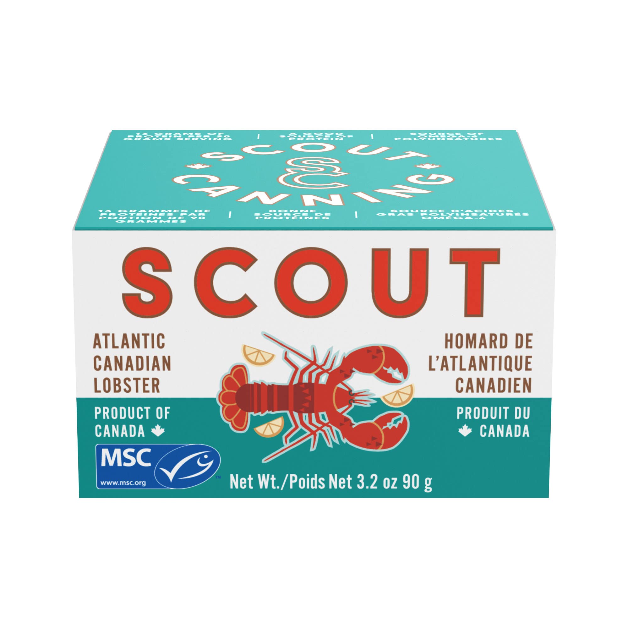 Scout front packaging showing 3.1 oz pouch and clear lobster branding, easy grab-and-go
