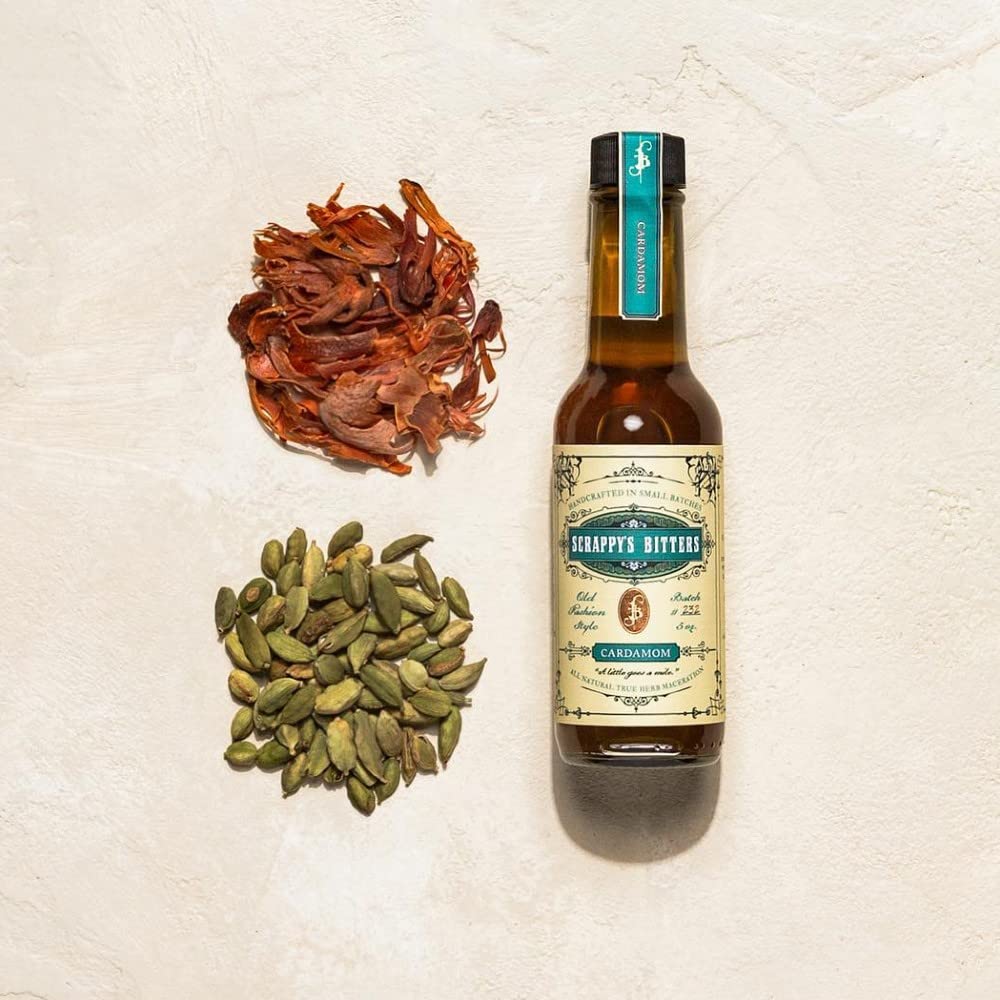 Scrappy's cardamom bitters on a bar counter suggesting mixology inspiration and quality