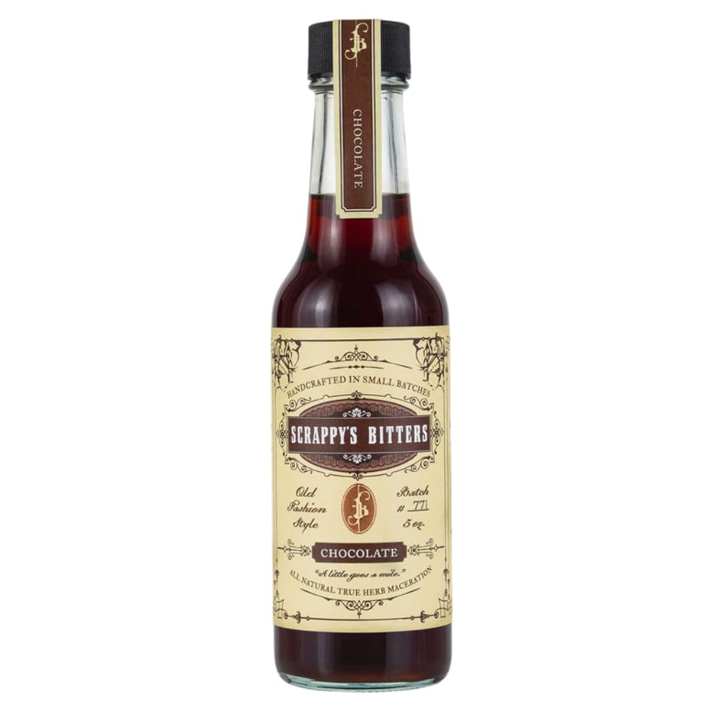 Scrappy's chocolate bitters front bottle showing label and serving suggestion benefit