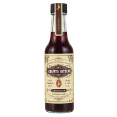 Scrappy's chocolate bitters front bottle showing label and serving suggestion benefit