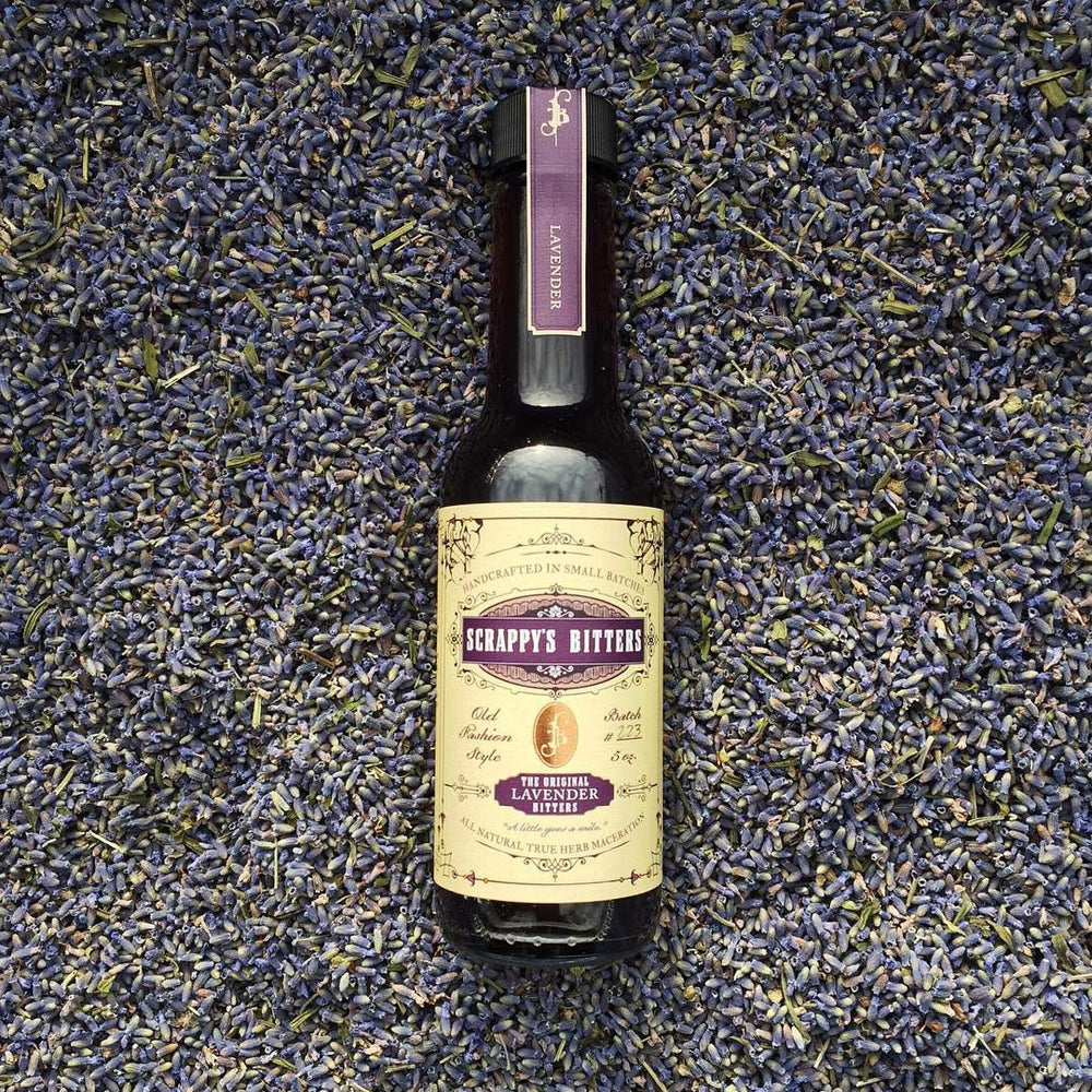 Close-up of Scrappy's Lavender bottle texture highlighting handcrafted quality