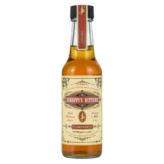 Scrappy's front label on 5 ounce bottle showing organic orange bitters benefit of clear ingredient info