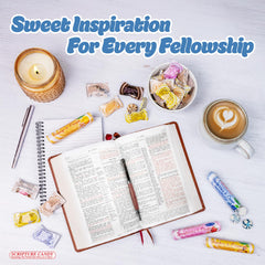 Scripture Candy lollipop in hand showing size and easy distribution