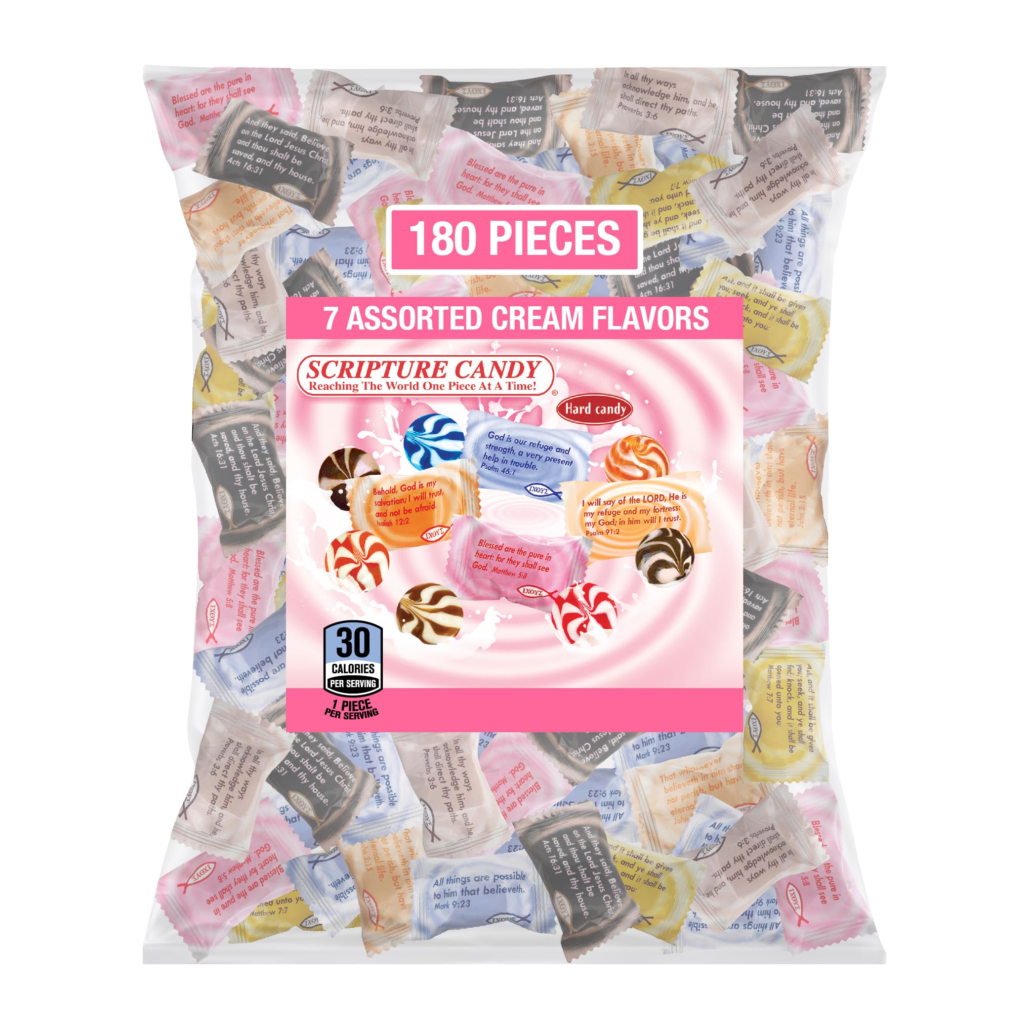 SCRIPTURE CANDY front packaging showing 180-piece bulk bag and branding benefit convenience