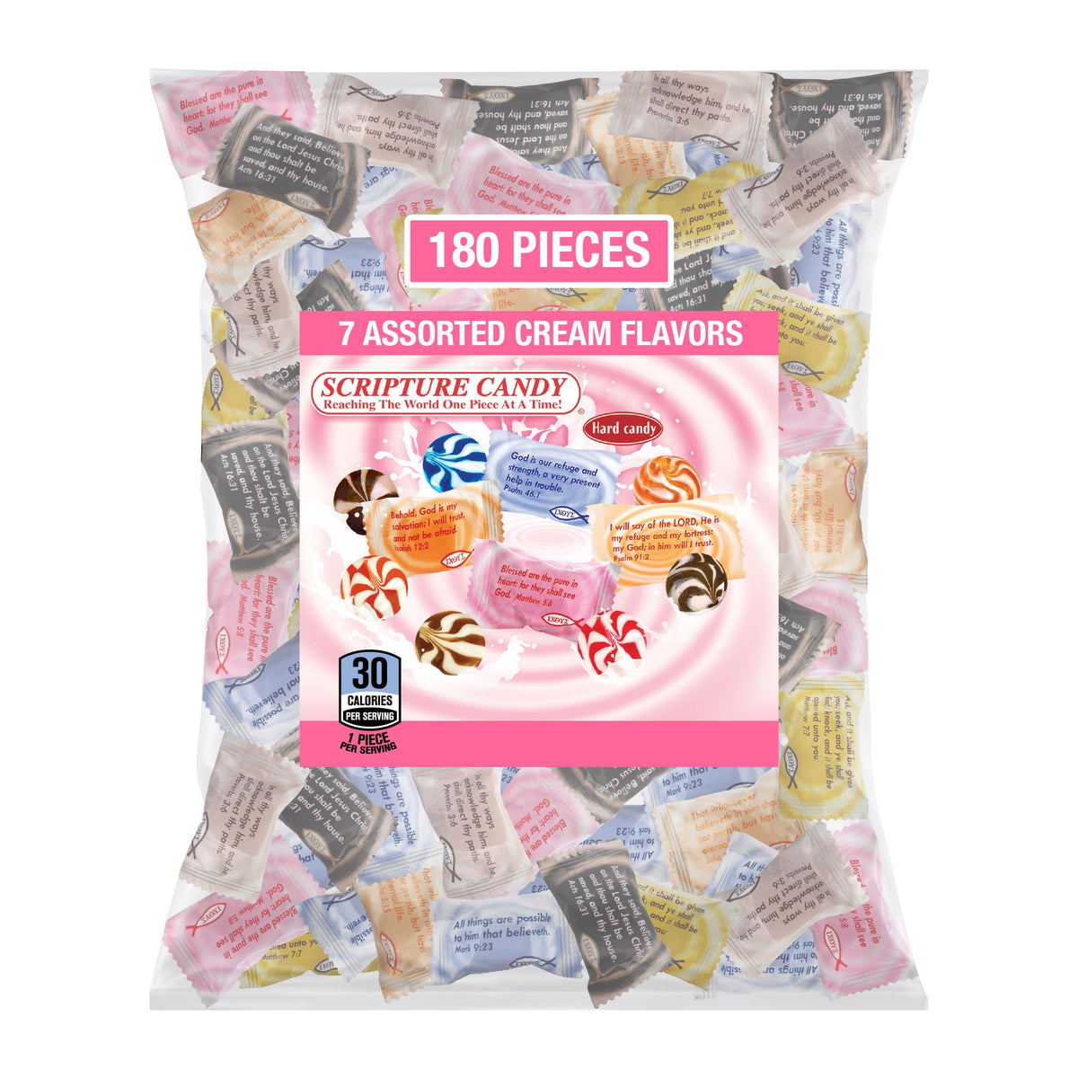 SCRIPTURE CANDY front packaging showing 180-piece bulk bag and branding benefit convenience