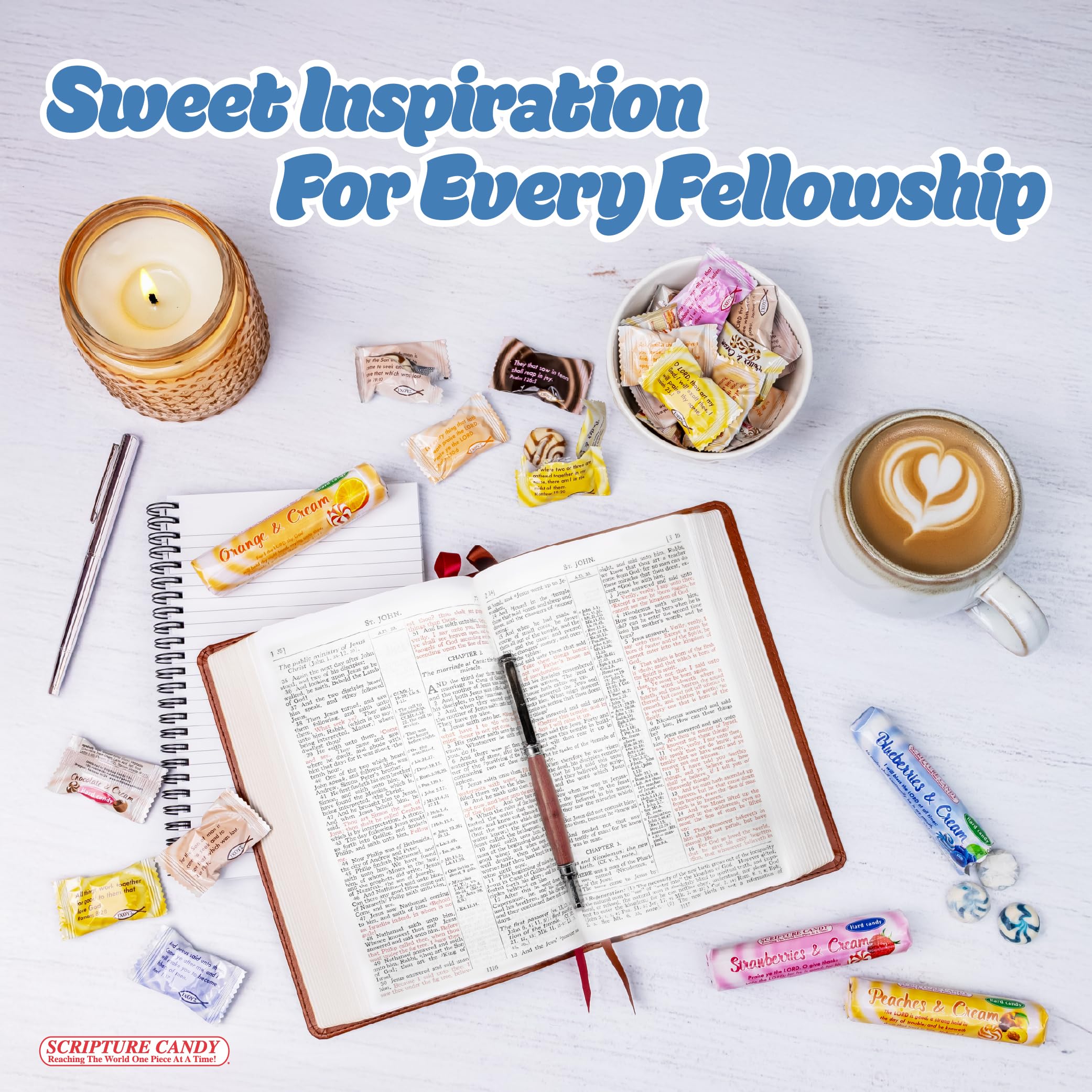SCRIPTURE CANDY individually wrapped pieces displayed highlighting freshness and easy sharing