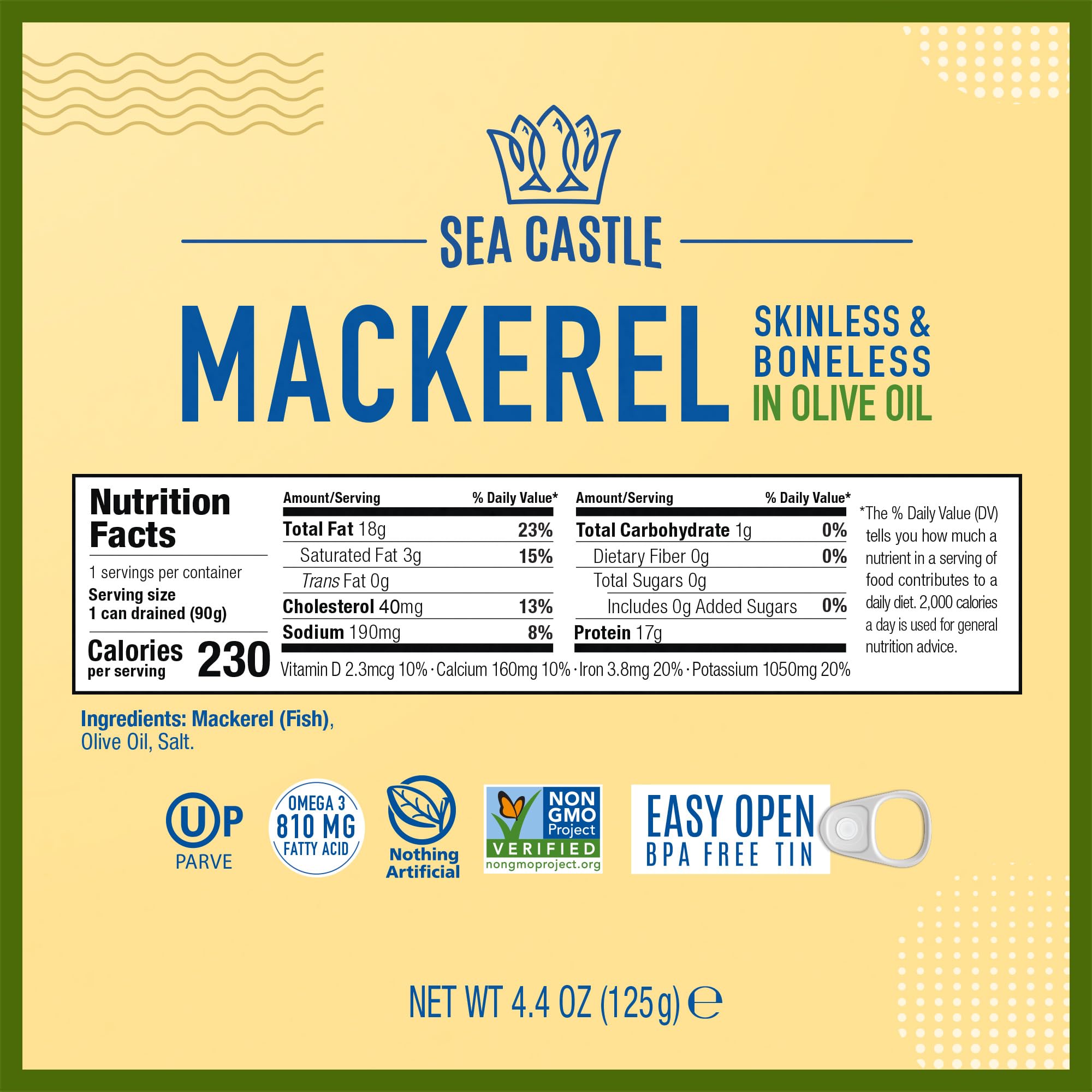 Sea Castle certification labels view showing kosher and non‑GMO verification benefits