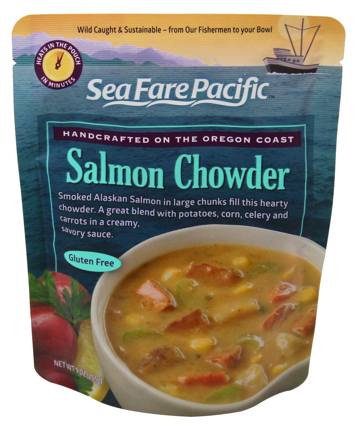 Sea Fare Pacific front pouch showing smoked salmon chowder and nutrition benefits