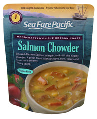 Sea Fare Pacific front pouch showing smoked salmon chowder and nutrition benefits