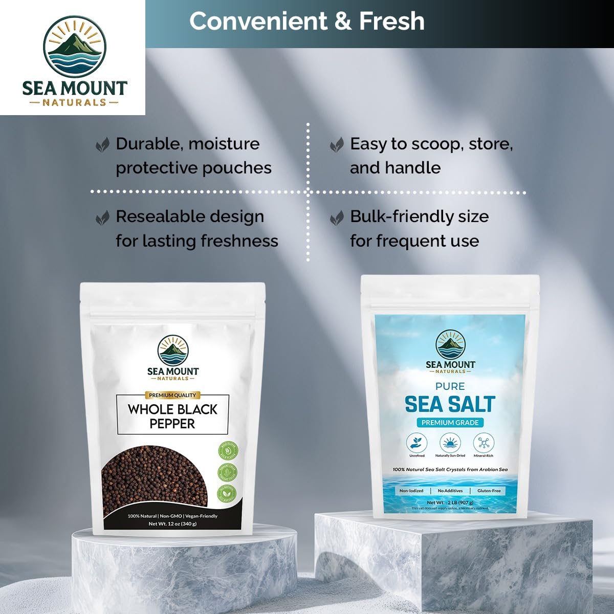Sea Mount Naturals salt and pepper on kitchen scale illustrating generous portions benefit