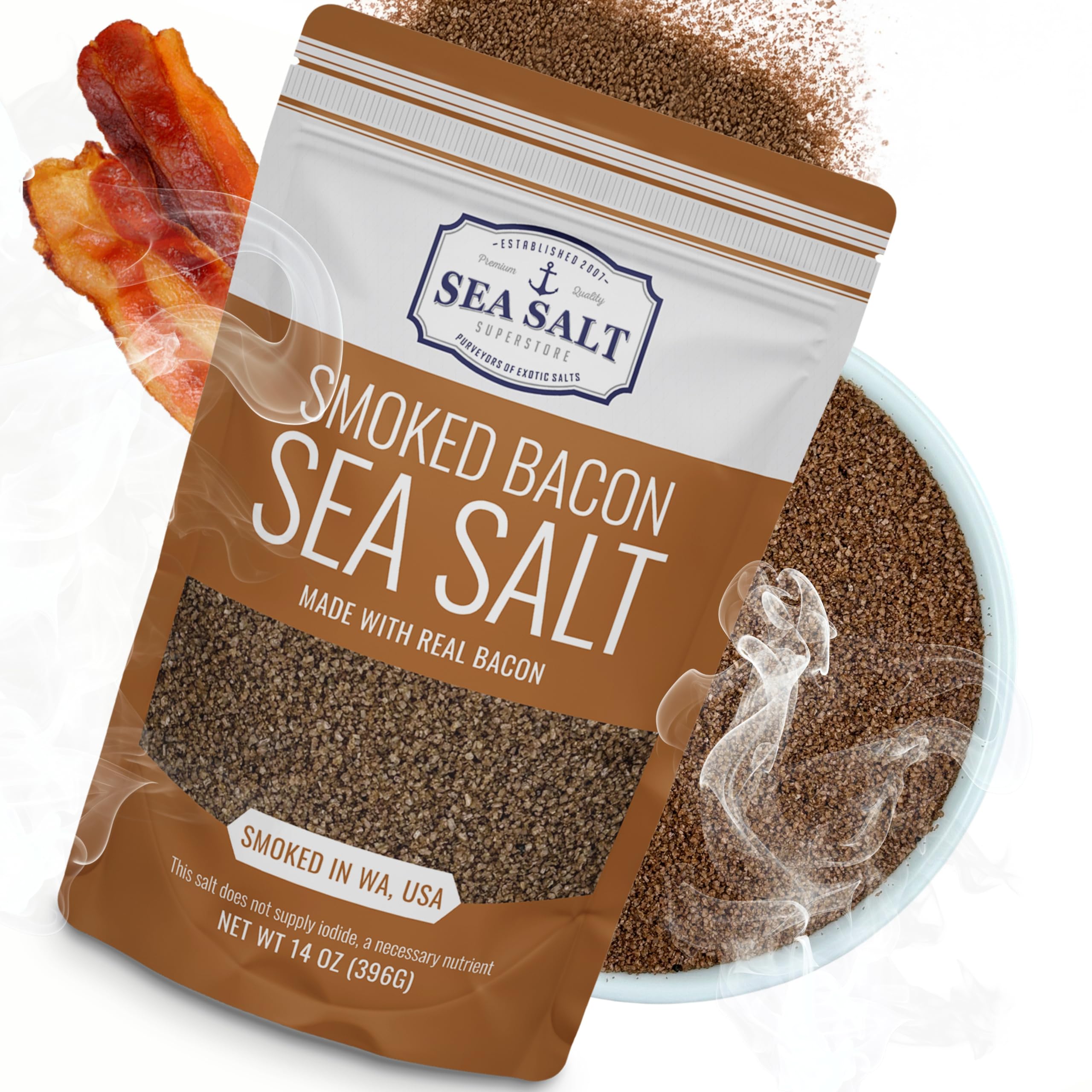 Sea Salt Superstore front jar showing label and 14 oz size, highlights gourmet quality