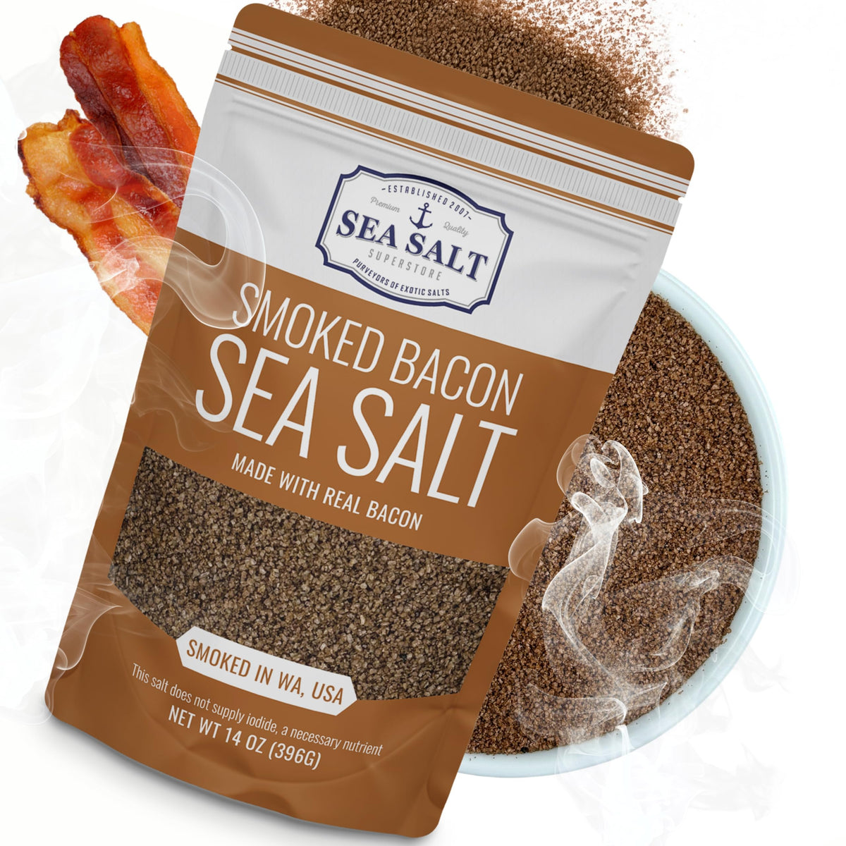 Sea Salt Superstore front jar showing label and 14 oz size, highlights gourmet quality