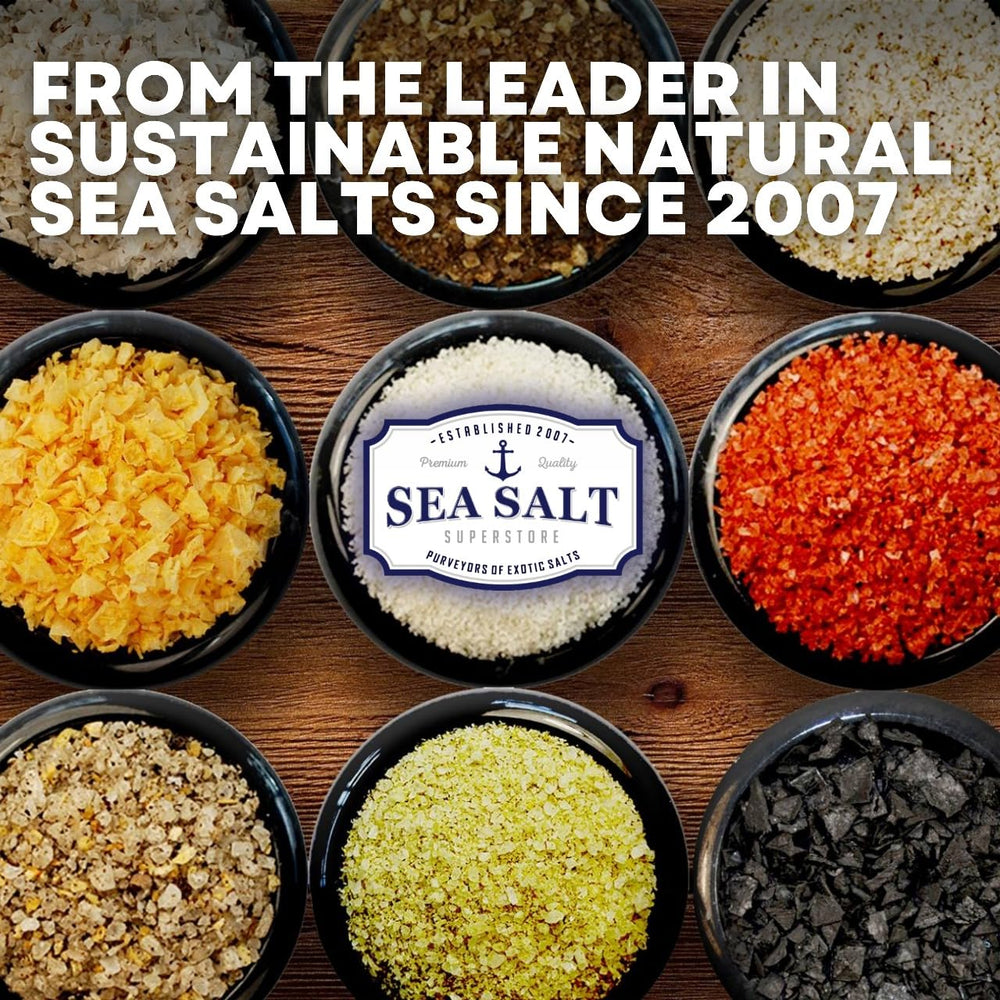 Sea Salt Superstore jar on kitchen counter beside cooked dishes showing versatile serving ideas