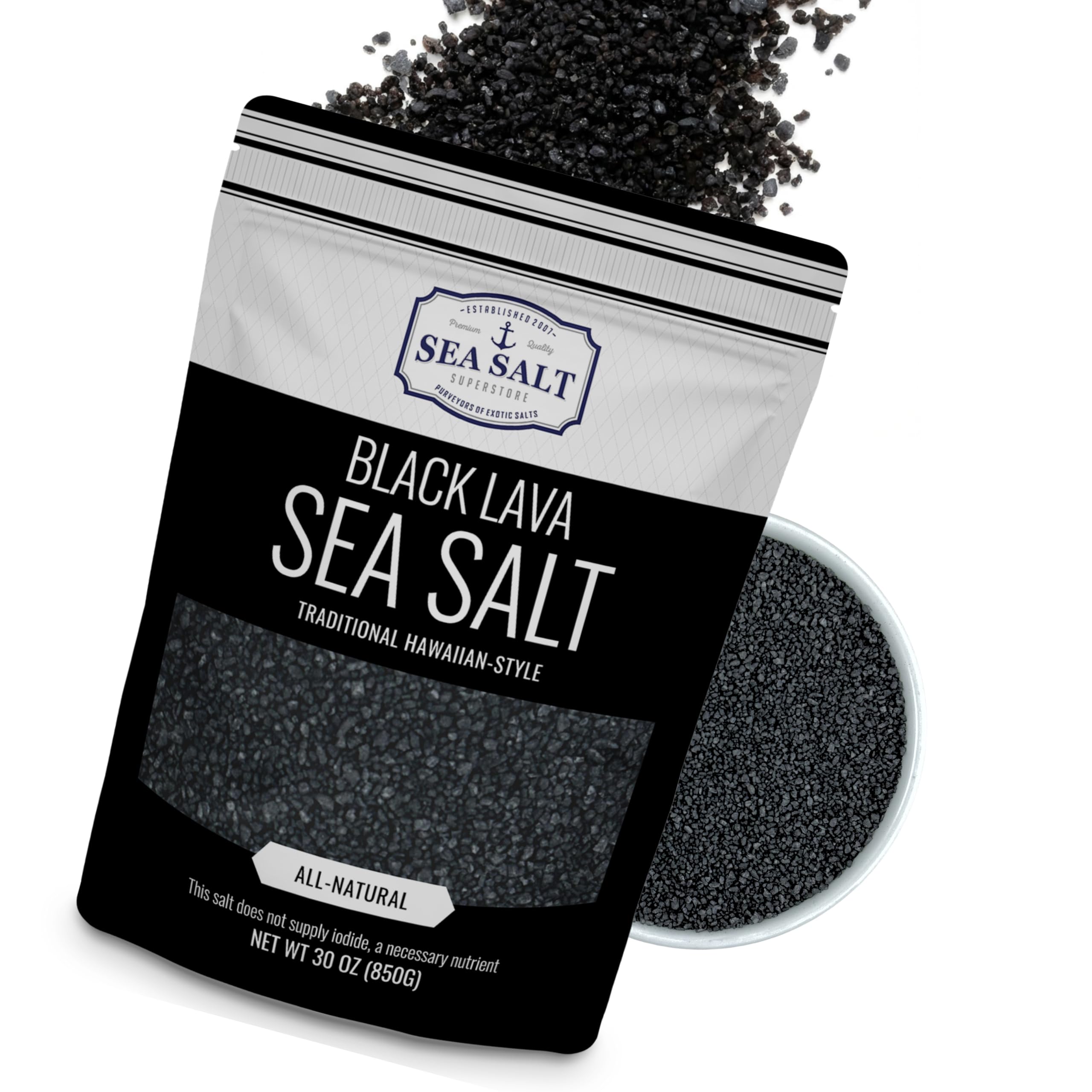 Sea Salt Superstore jar front view showing black lava salt and bold packaging benefit: dramatic presentation