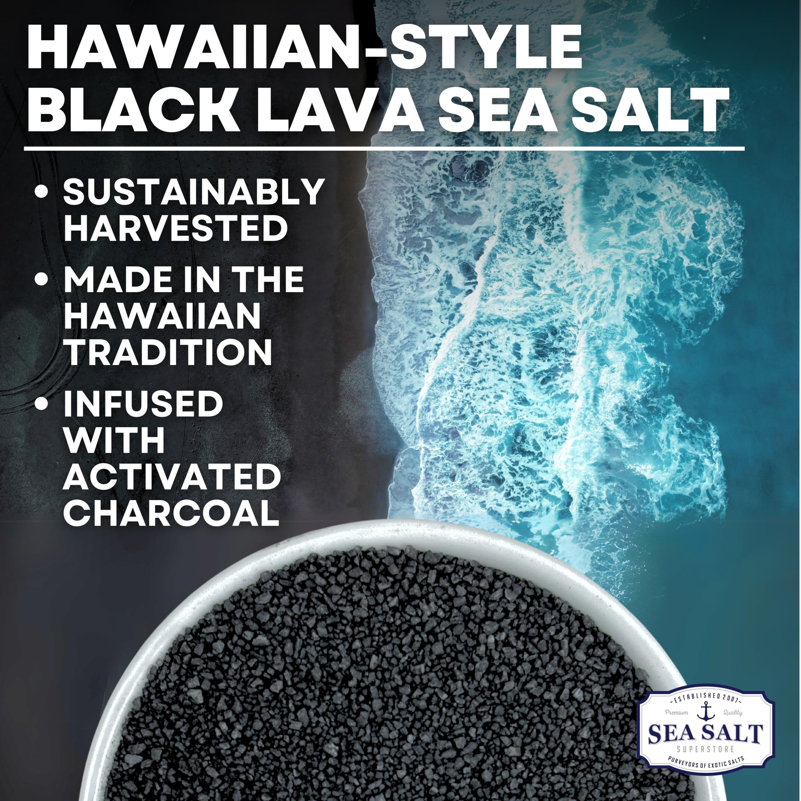 Sea Salt Superstore close-up of coarse black lava crystals highlighting texture