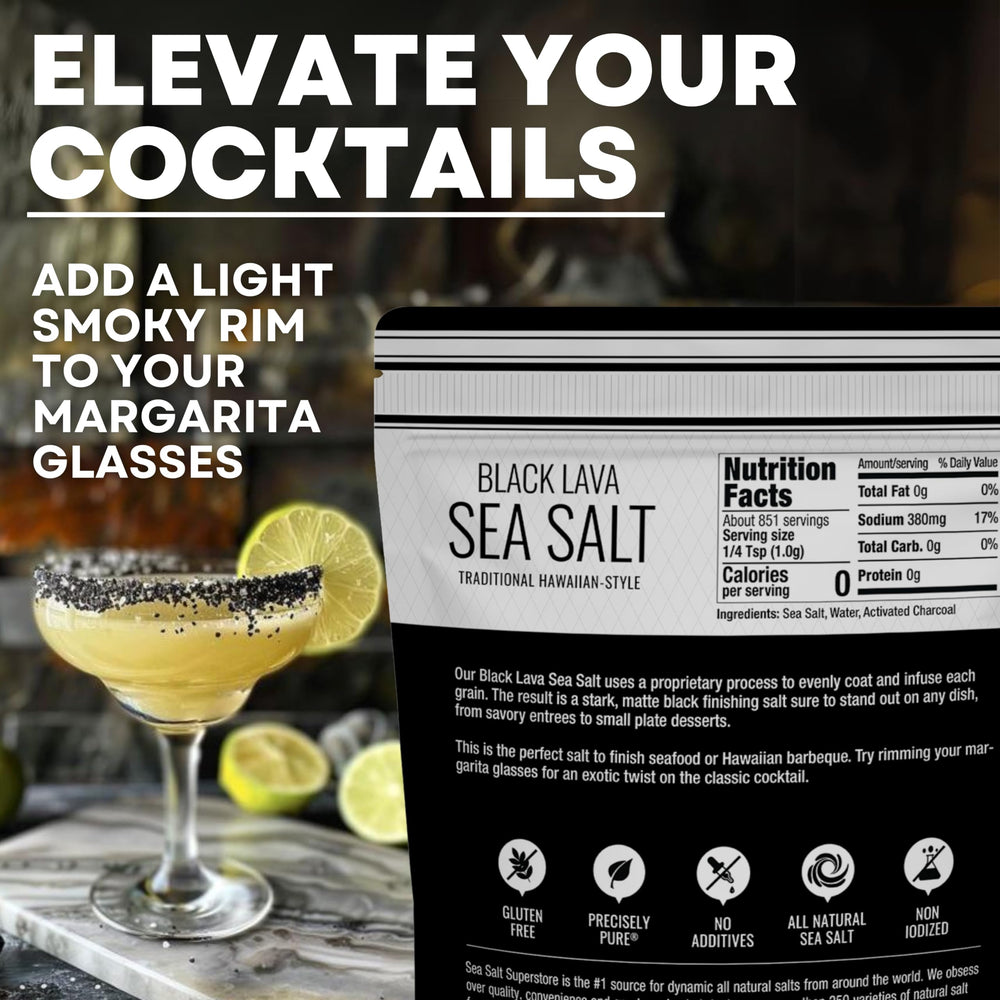 Cocktail glass rimmed with Sea Salt Superstore black lava salt adding visual flair and smoky note