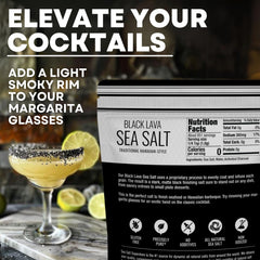Cocktail glass rimmed with Sea Salt Superstore black lava salt adding visual flair and smoky note