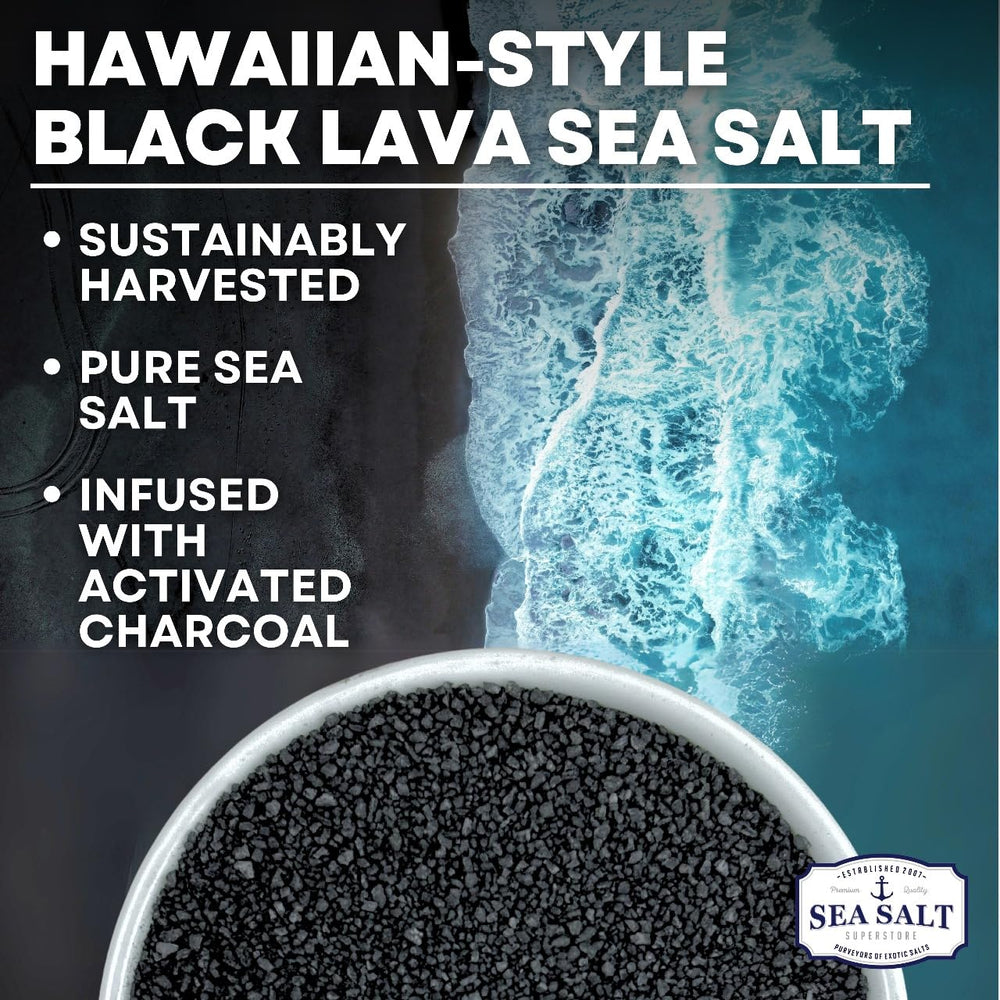 Close-up of black lava salt crystals showcasing texture and activated charcoal benefit: crunchy finish