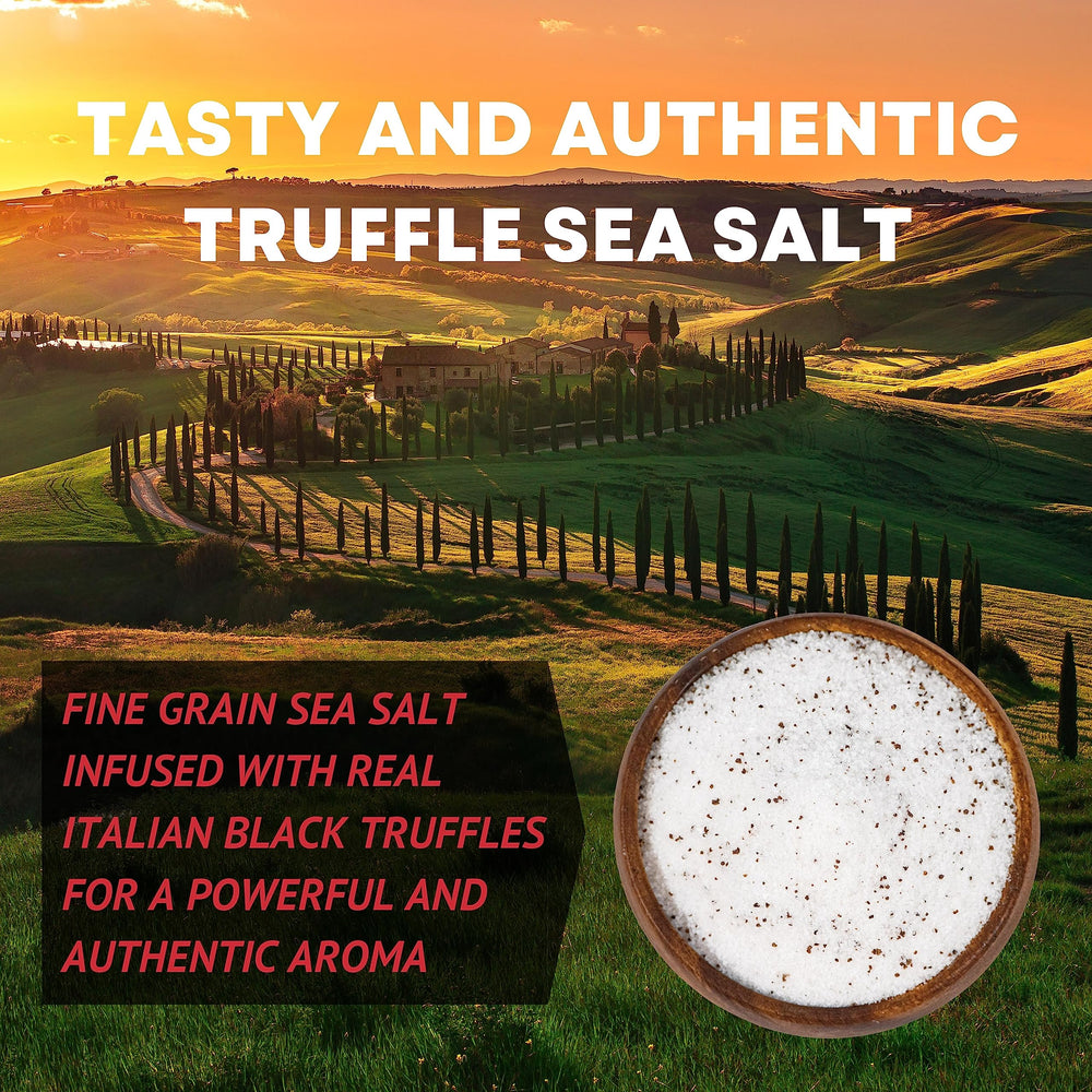 Sea Salt Superstore open jar top view with visible fine truffle salt ready to use