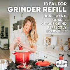 Sea Salt Superstore coarse crystals being poured into a grinder for easy refilling