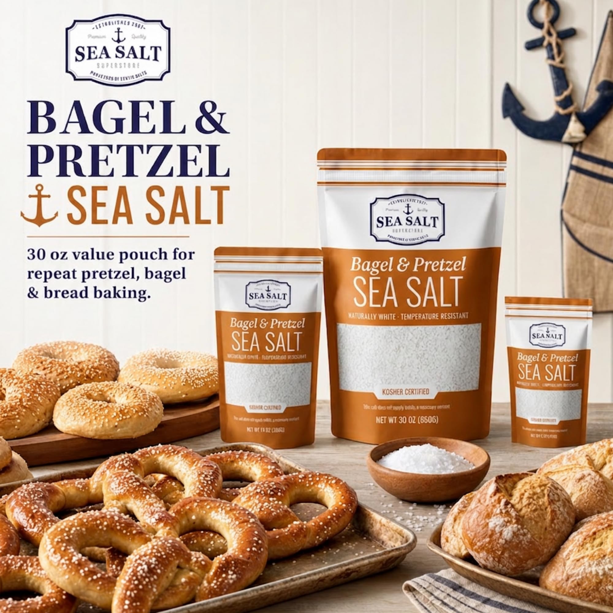 Product label closeup showing Sea Salt Superstore gluten-free and kosher certifications