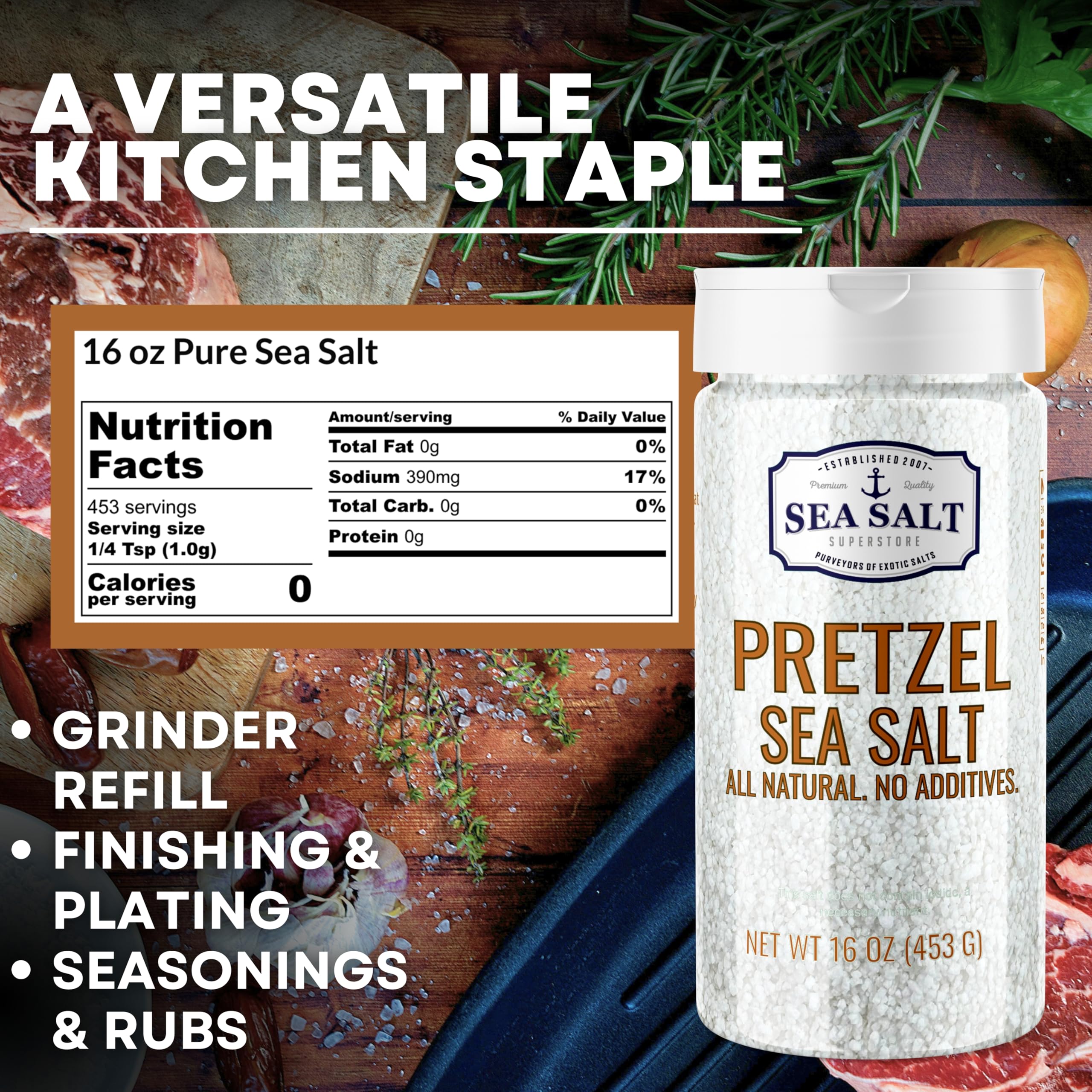 Sea Salt Superstore label detail showing kosher and gluten-free benefits