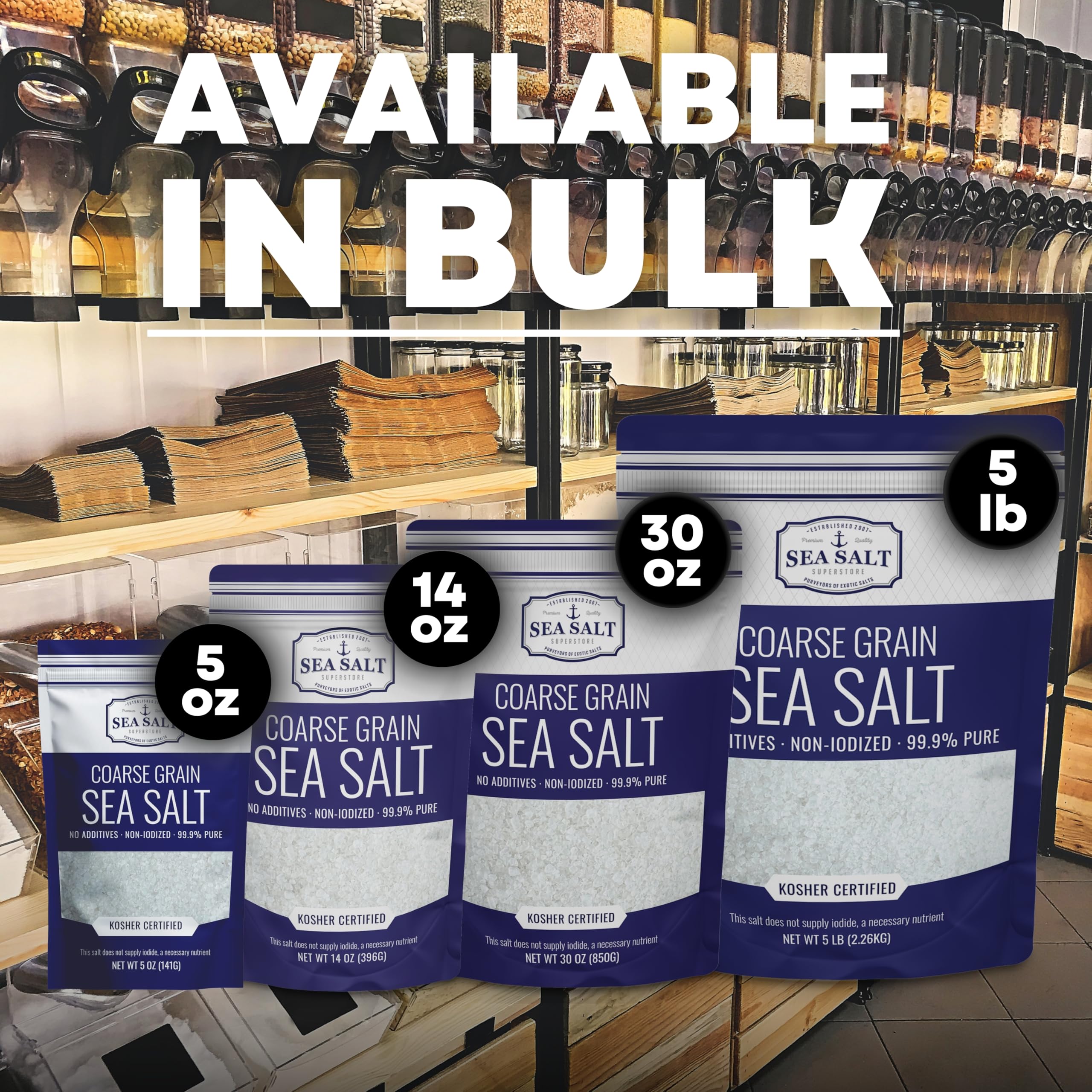 Sea Salt Superstore next to a kitchen scale showing true 5 lb bulk quantity