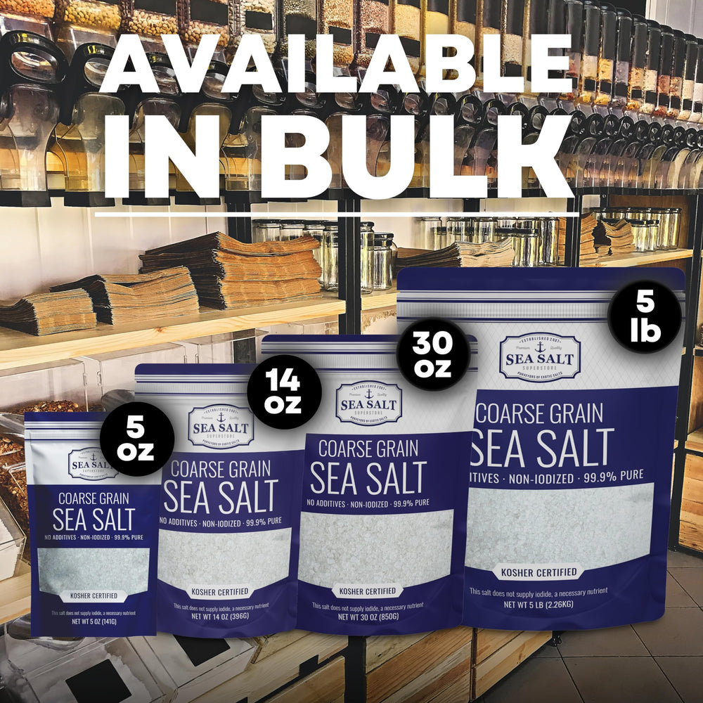 Sea Salt Superstore next to a kitchen scale showing true 5 lb bulk quantity