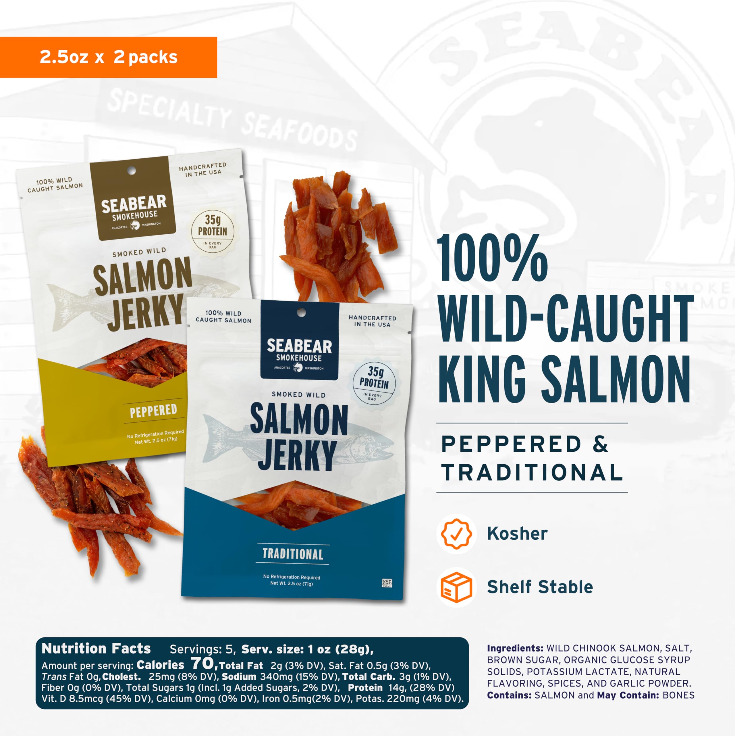 SeaBear Peppered jerky detail with coarse black pepper crust highlighting bold savory flavor