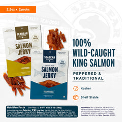 SeaBear Peppered jerky detail with coarse black pepper crust highlighting bold savory flavor