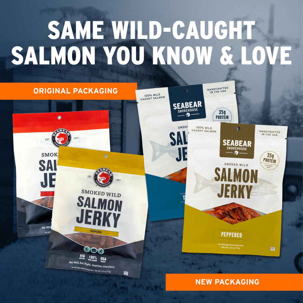 SeaBear Traditional jerky close-up showing tender smoked salmon texture and clean protein appeal