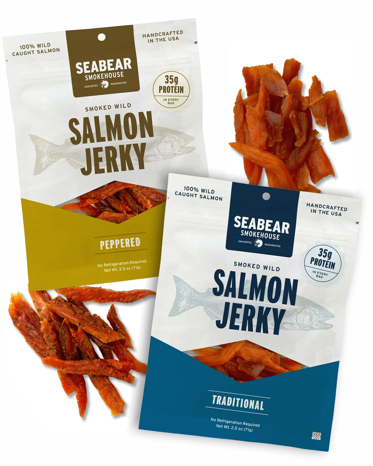 SeaBear front packaging showing both Traditional and Peppered pouches, clear branding and convenience