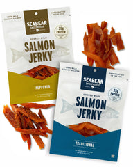 SeaBear front packaging showing both Traditional and Peppered pouches, clear branding and convenience
