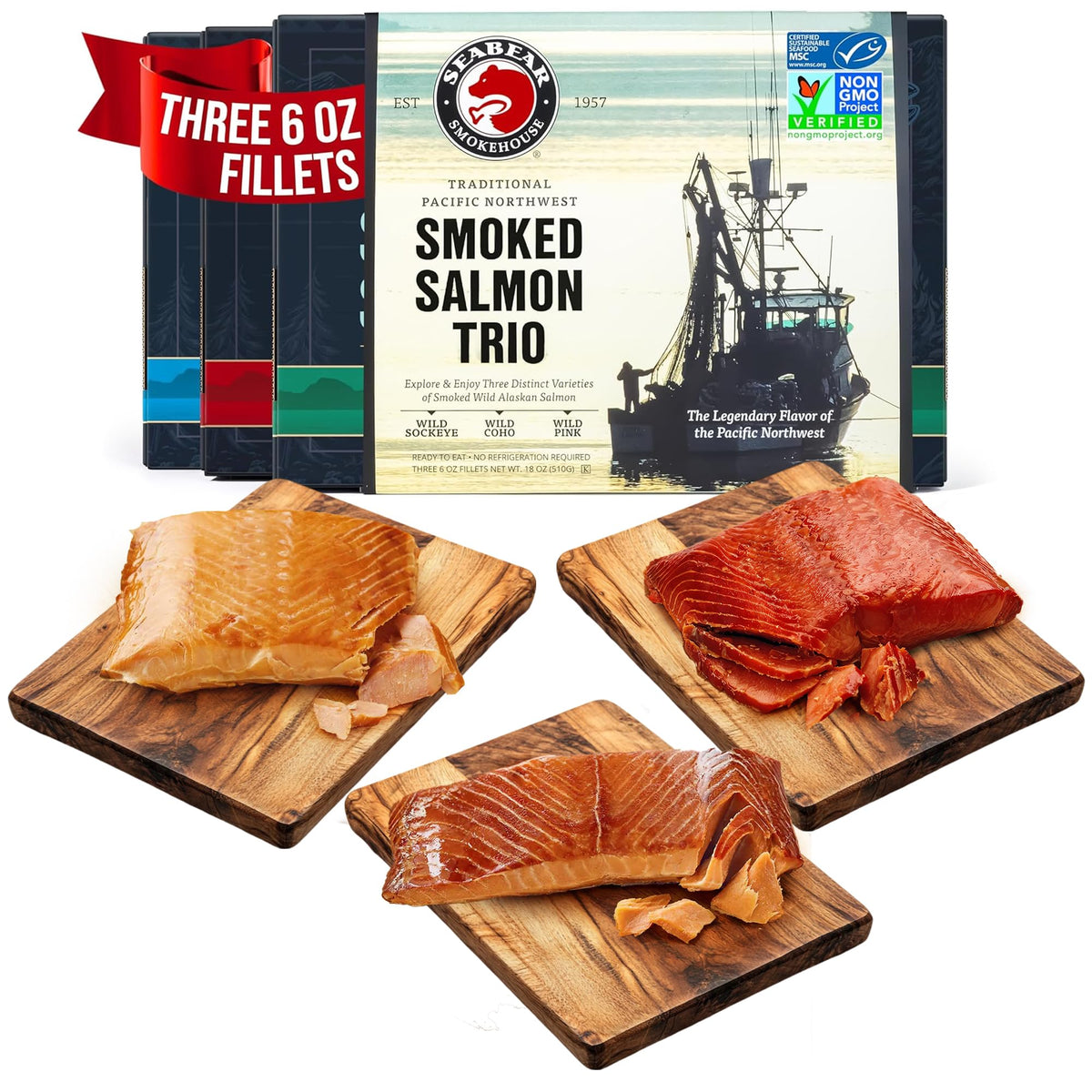 SeaBear front packaging showing the three-fillet gift box and premium presentation