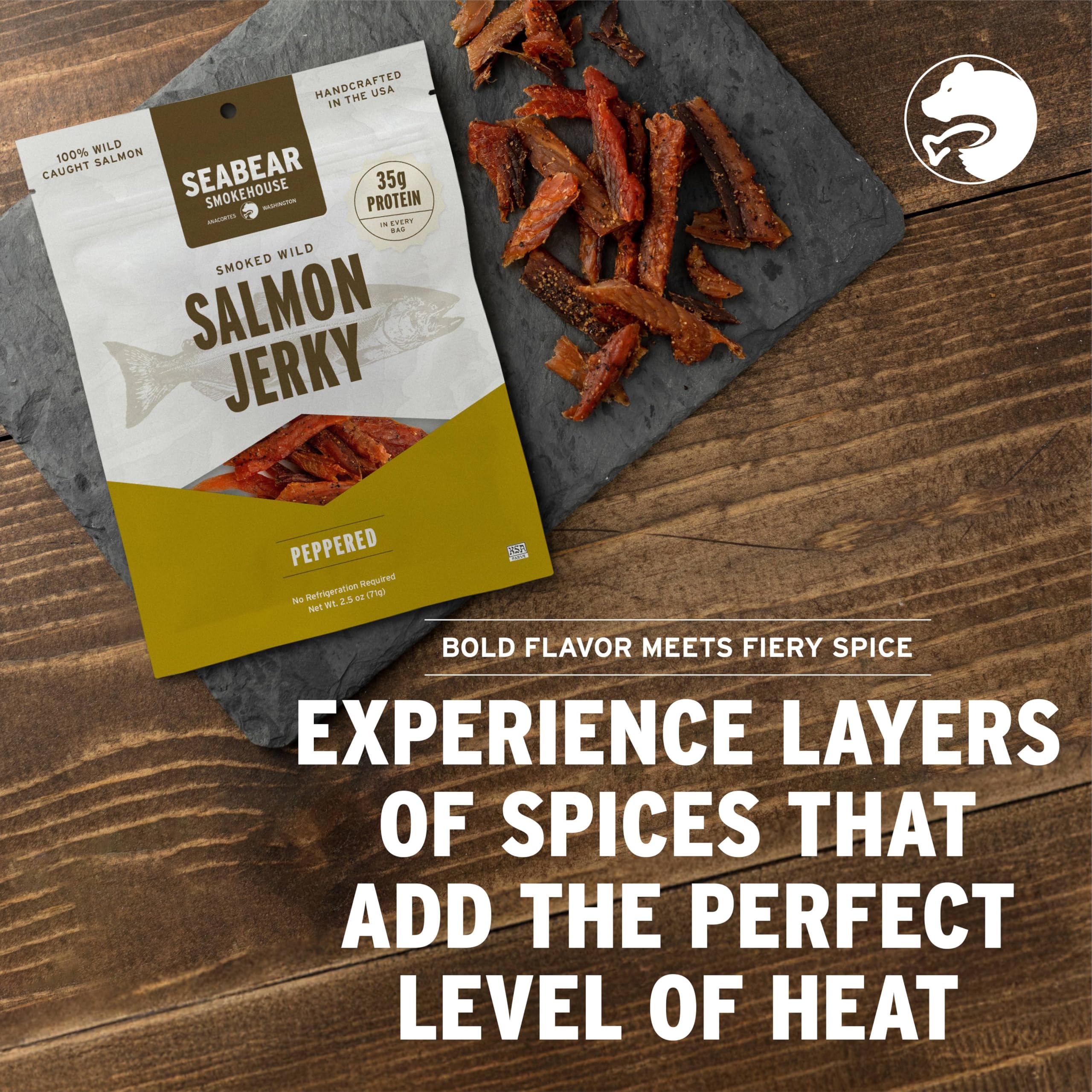 SeaBear cracked black pepper coating on jerky emphasizing bold flavor