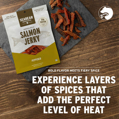 SeaBear cracked black pepper coating on jerky emphasizing bold flavor