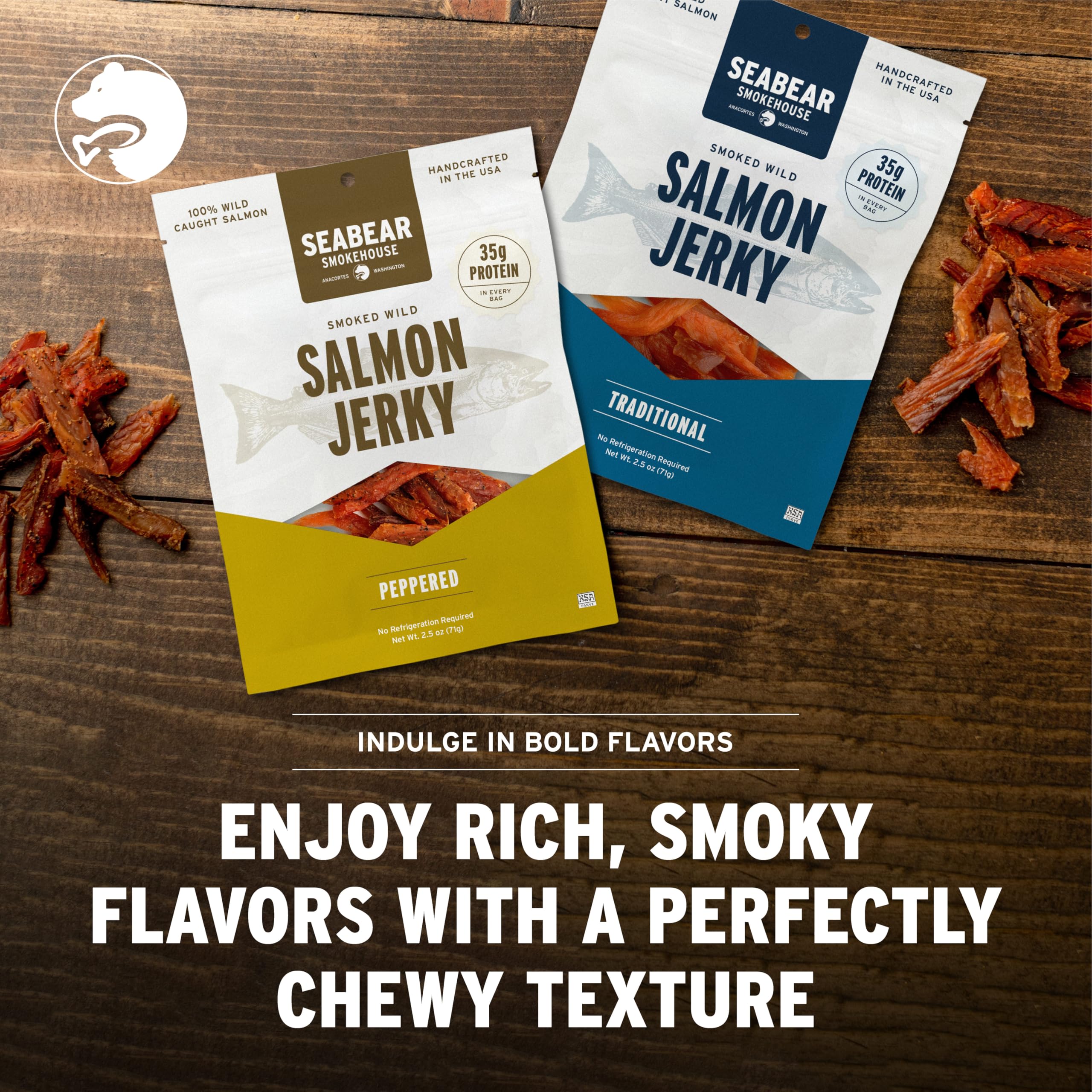 Two SeaBear 2.5 oz pouches side-by-side to show pack size and portable scale for travel