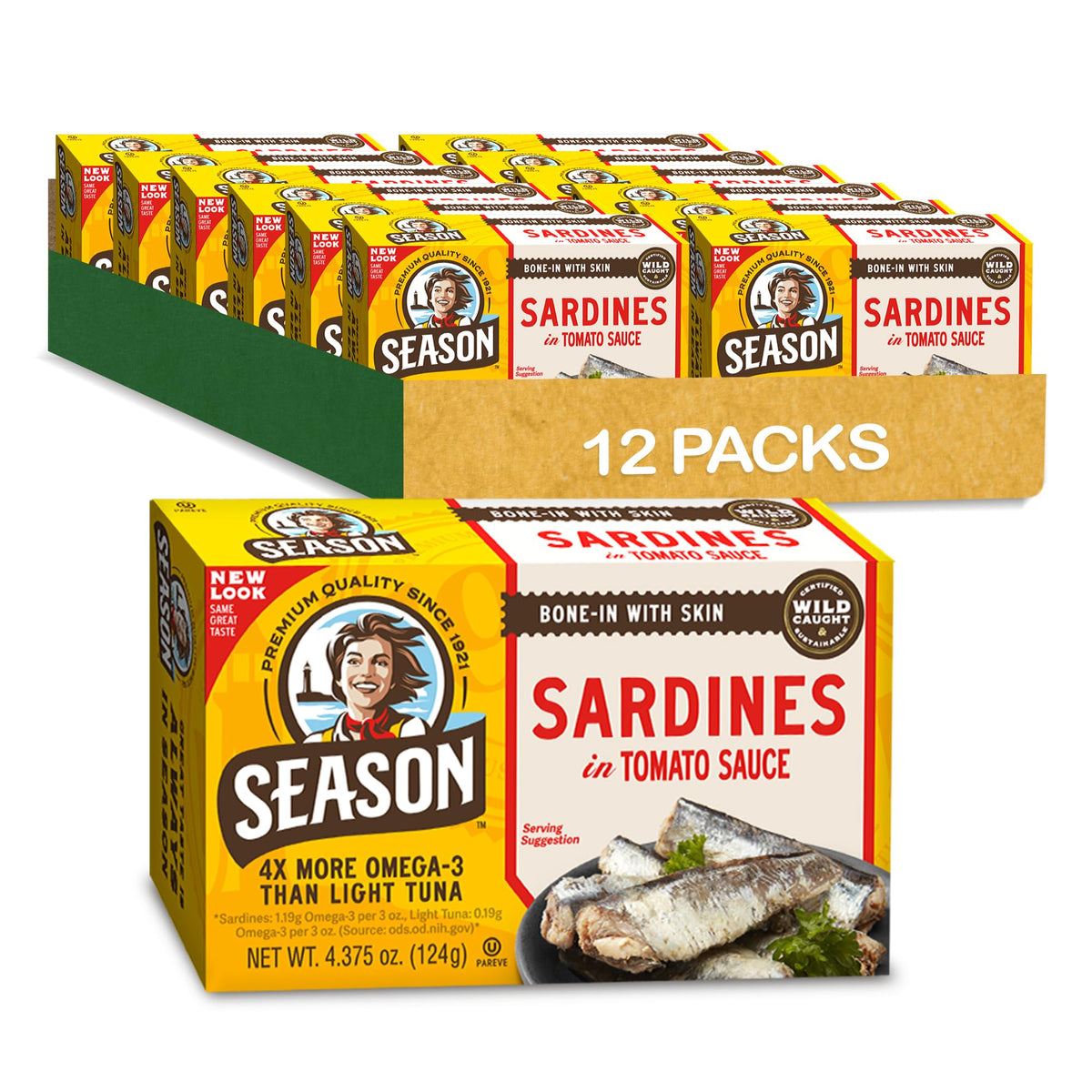 SEASON front packaging of 12 tins showing convenience and shelf stability
