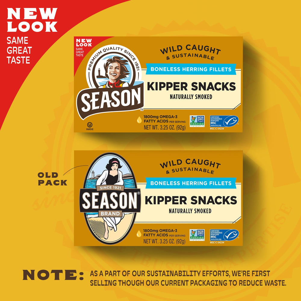 Season tin open revealing boneless kipper fillets, ready-to-eat convenience