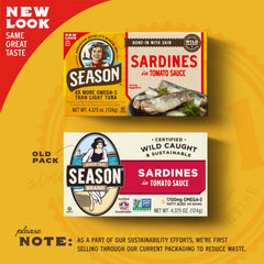 SEASON open tin revealing sardines in tomato sauce for quick meals