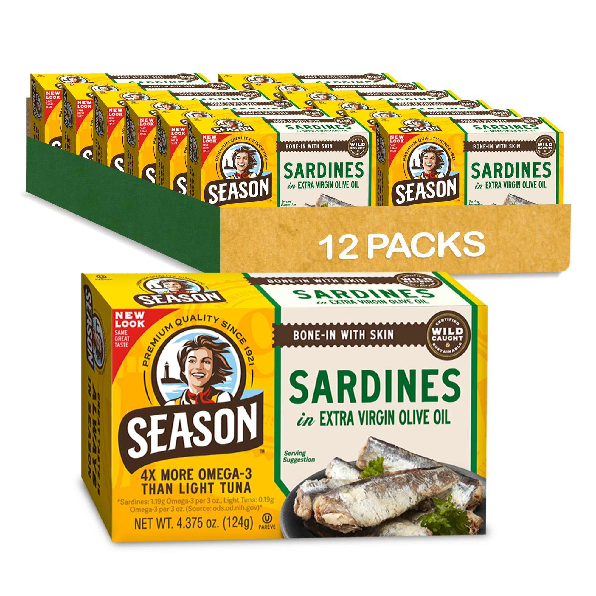 SEASON front packaging showing 12-pack and olive oil preservation benefit