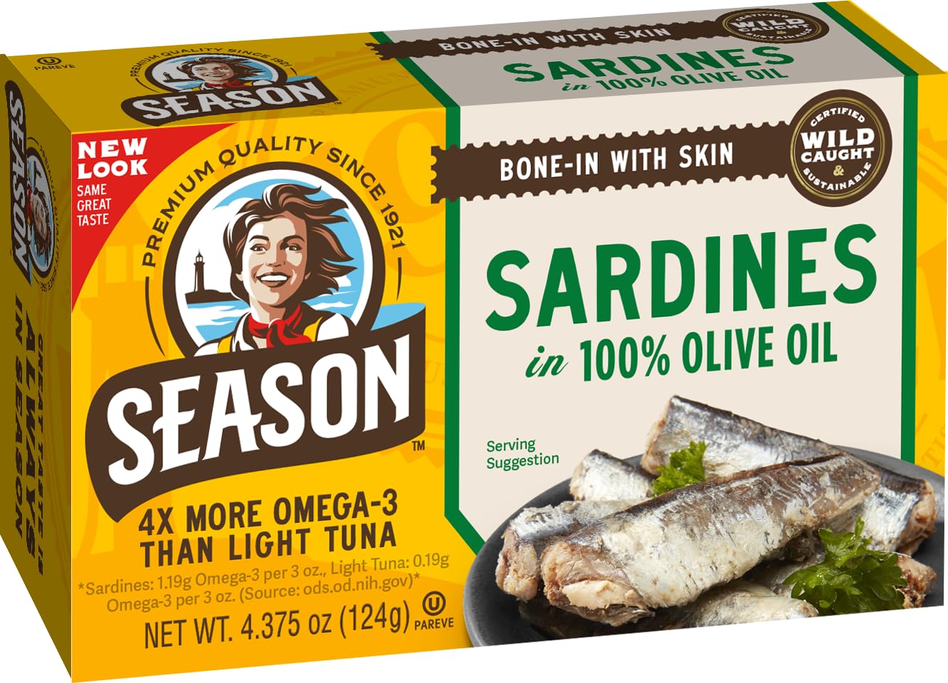 SEASON front packaging showing 4.37 oz tin and brand, highlights sustainable sourcing