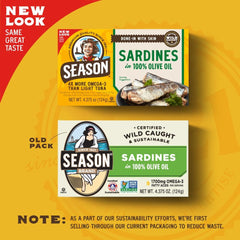 SEASON open tin close-up showing texture of sardines and bones, ready-to-eat benefit