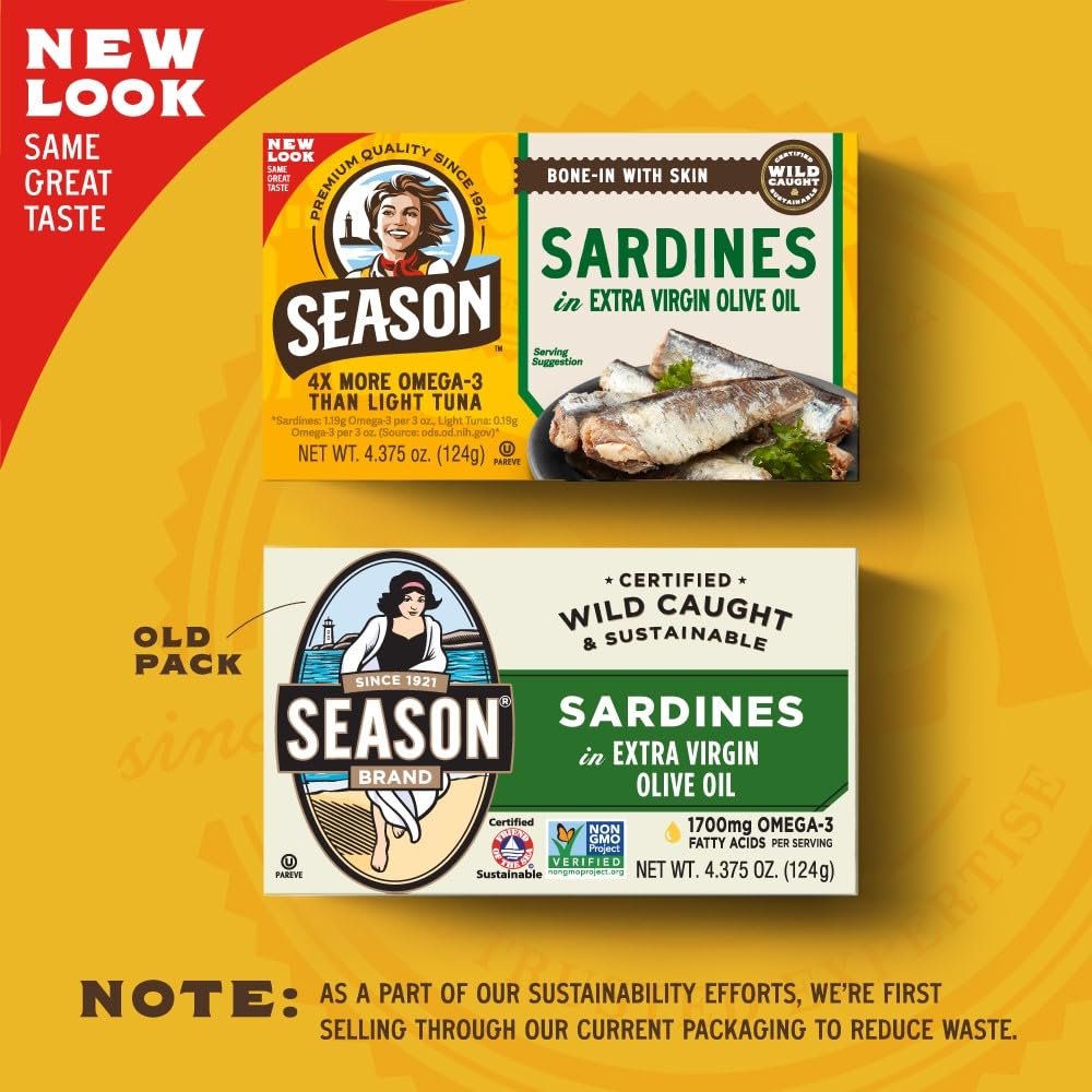 SEASON open tin top view showing whole sardines and ready-to-eat convenience