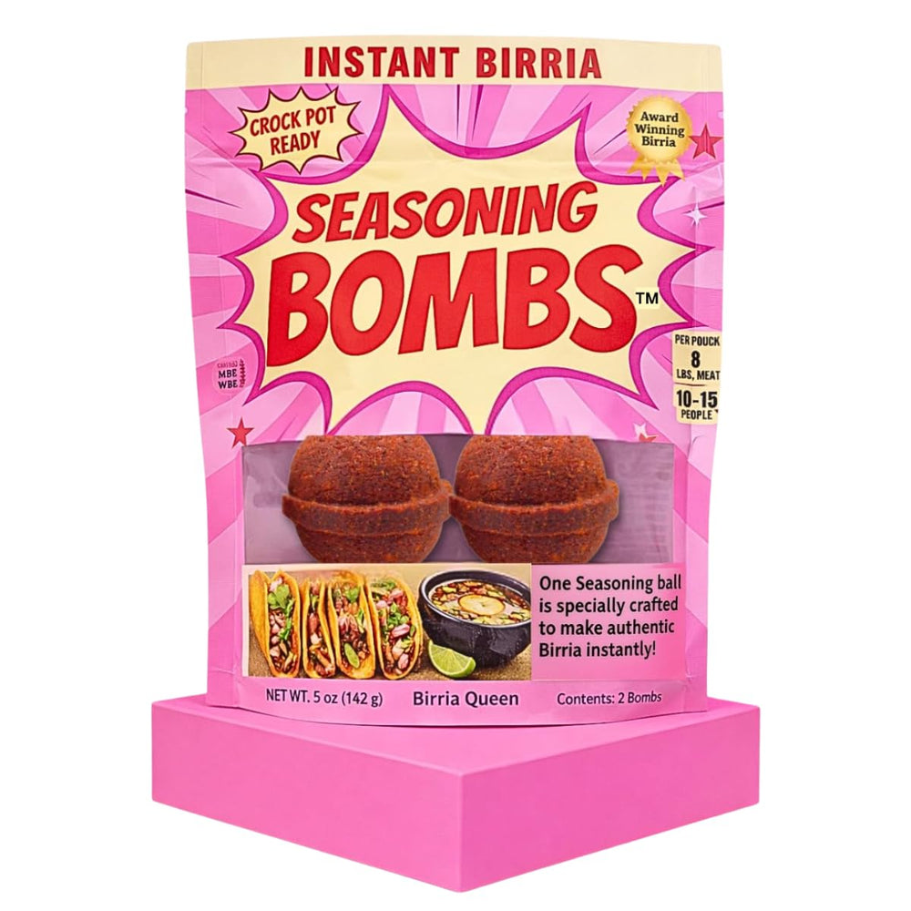 Seasoning Bombs front packaging showing birria bombs and branding for easy cooking