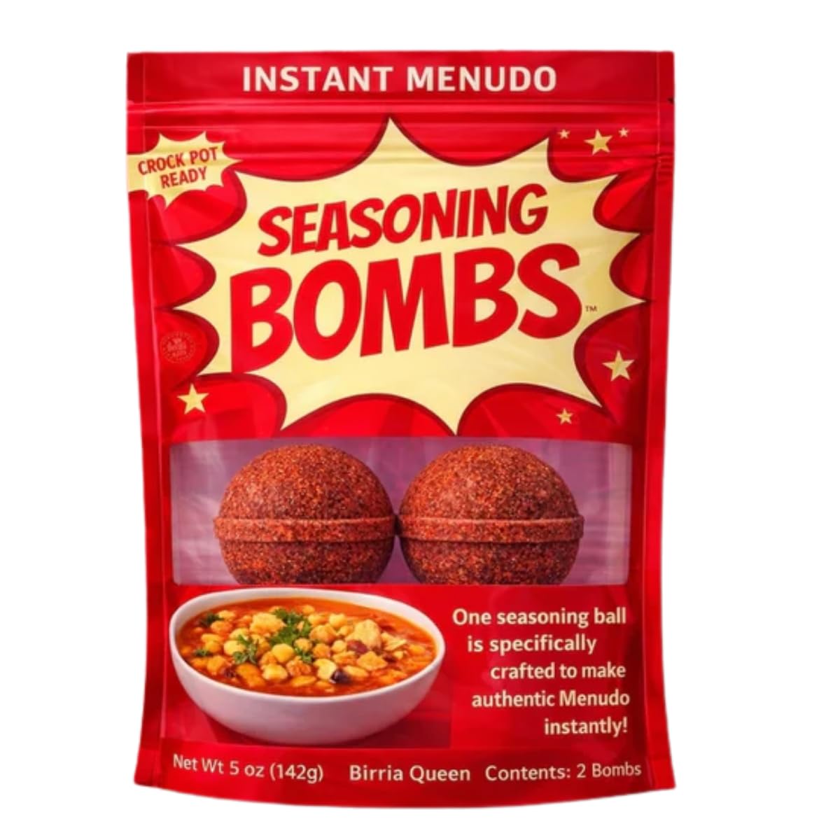 Seasoning Bombs front packaging showing Menudo blend and convenience