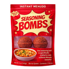 Seasoning Bombs front packaging showing Menudo blend and convenience