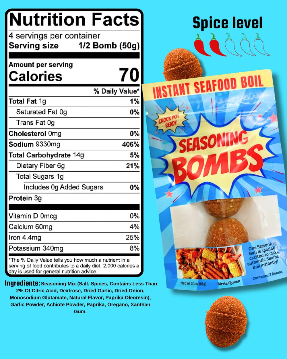 Seasoning Bombs on a backyard table with plated seafood for entertaining appeal