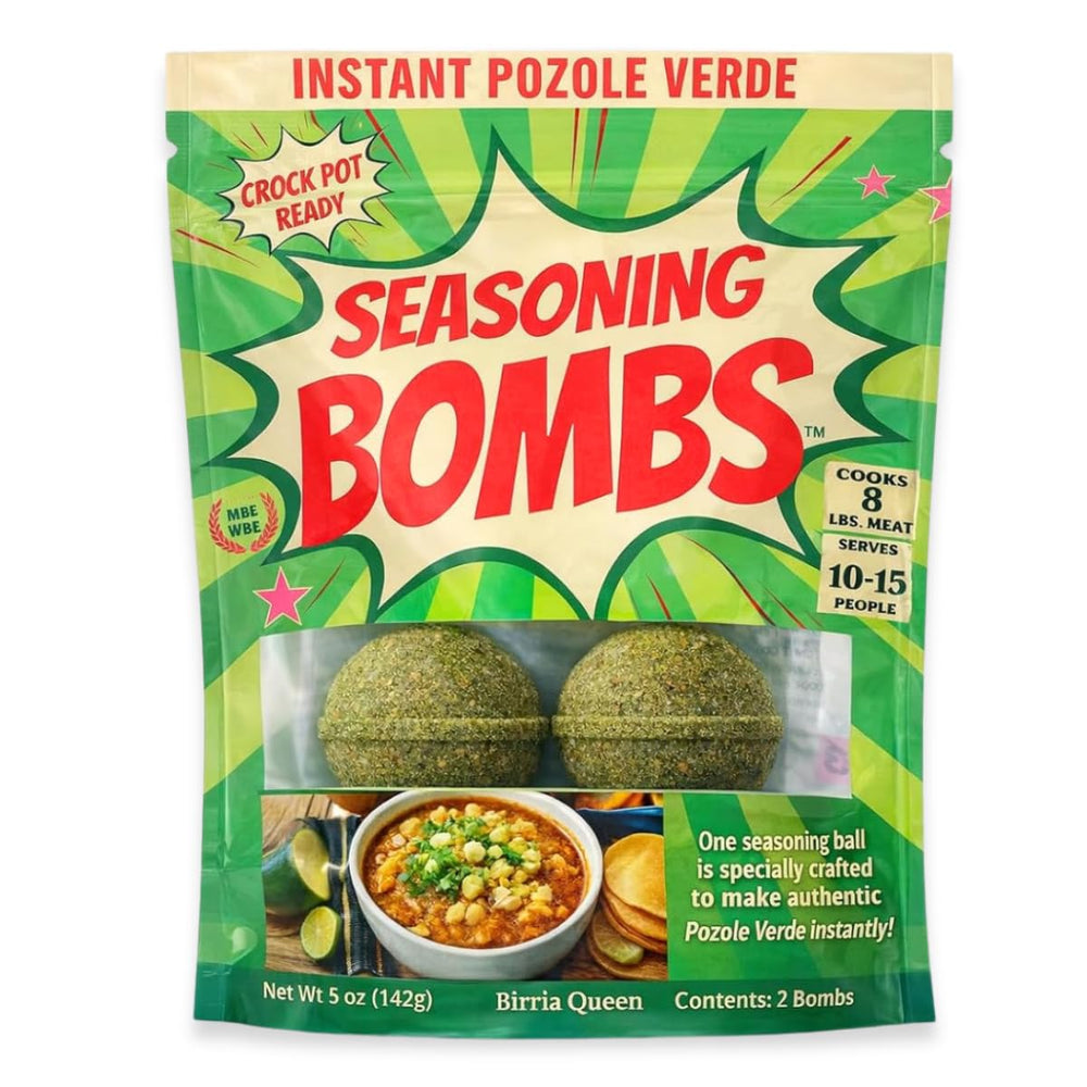 Seasoning Bombs front packaging showing pozole verde family-size, ready-to-use convenience